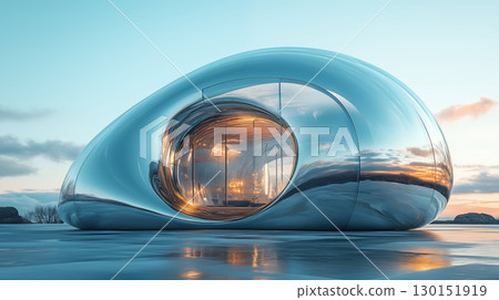 Futuristic Metallic Architecture Reflects Sunset in Modern 130151919