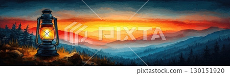 Tranquil Lantern Glow Over Scenic Mountain Landscape at Dawn with Colorful Sky and Silhouettes 130151920