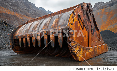 Giant Rusty Excavator Bucket In Rugged Mountainous Terrain 130151924