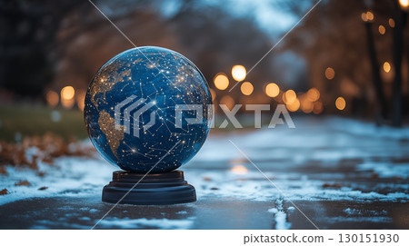 Illuminated Globe with Constellations on a Winter Path at Dusk 130151930