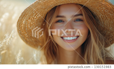 Smiling Woman Enjoying Summer in a Wheat Field 130151983