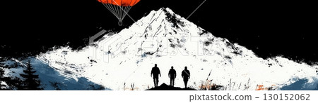 Adventurers Standing Before Snow-Capped Mountain with Colorful Paragliding Balloon in Sky 130152062