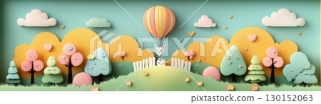 Whimsical Rabbit with Hot Air Balloon in Colorful Nature Landscape Made with Paper Art 130152063