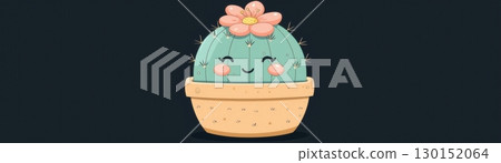 Cute cartoon cactus with a smiling face and pink flower in a beige pot against a dark background 130152064