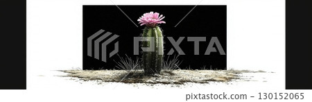 Cactus Blooming with Pink Flower Against Black Background in Desert Landscape Scene Cactus Blooming with Pink Flower Against Black Background in Desert Landscape Scene 130152065