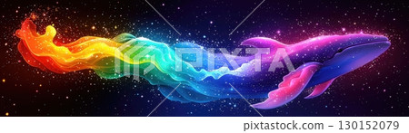 Colorful Abstract Whale with Cosmic Background and Flowing Rainbow Colors in Dreamy Style 130152079