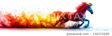 Colorful Running Horse with Vibrant Splashes of Paint in Abstract Art Style 130152080