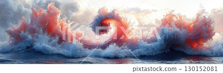 Majestic Ocean Wave Surging with Ethereal Pink and Blue Hues Under Golden Sunrise Clouds Majestic Ocean Wave Surging with Ethereal Pink and Blue Hues Under Golden Sunrise Clouds 130152081