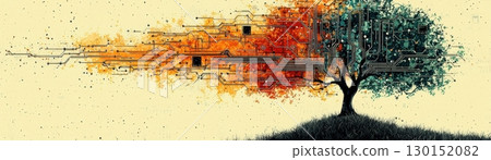 Digital Tree Blending Nature and Technology with Colorful Circuit Patterns and Abstract Background 130152082