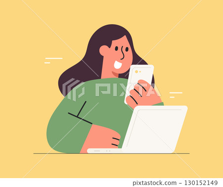 Flat cartoon character illustration using a smartphone and laptop computer. Digital technology, online communication and modern lifestyle concept. 130152149