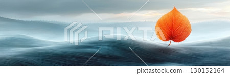 Bright Orange Leaf on Waves Under Dramatic Sky at Sunrise or Sunset in Nature Landscape Bright Orange Leaf on Waves Under Dramatic Sky at Sunrise or Sunset in Nature Landscape 130152164