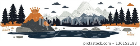 Majestic Mountain Landscape with Crowned Volcano, Pine Trees and Calm Reflective Lake Scene 130152188