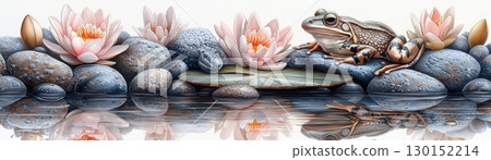 Frog Sitting on Stones Beside Water Lilies in Tranquil Pond Scene with Reflection 130152214