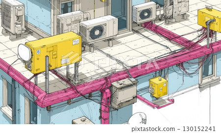 Industrial rooftop installation with cables, air conditioning units, and satellite dishes in urban setting 130152241