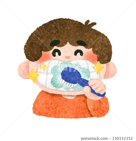 Cute hand-drawn illustration of a child brushing his teeth 130152352