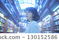 一位女士在燈光環繞的圖書館抬頭仰望 130152586