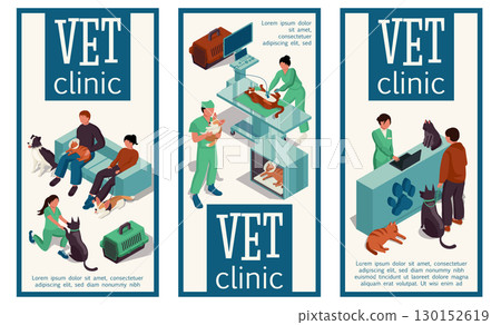 Vet clinic isometric vertical banners set. Poster layouts with people with dogs and cats visiting veterinary doctor, x-ray diagnostic and treatment, animal hospital reception. Vector illustration. Vet clinic isometric vertical banners set. Poster layouts with people with dogs and cats visiting veterinary doctor, x-ray diagnostic and treatment, animal hospital reception. Vector illustration. 130152619