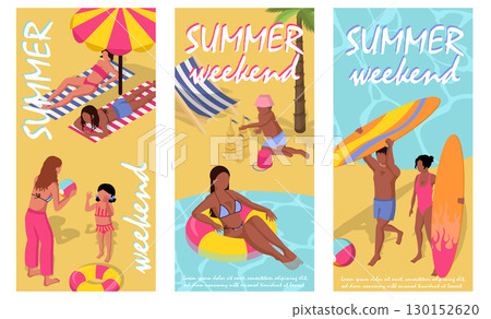 Summer beach isometric vertical banners set. Poster layouts with people sunbathing, swimming, surfing, children playing ball and build in sand, woman and man relax at resort. Vector illustration. 130152620