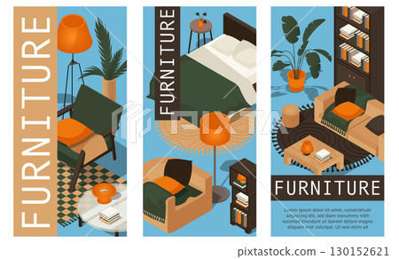 Interior furniture isometric vertical banners set. Poster layouts with living room and sofa bedroom with armchairs, chairs, bed, coffee tables, plants in pot, shelf, decoration. Vector illustration. 130152621