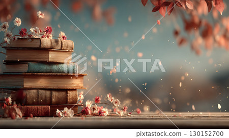 Romantic still life of flowers and old books 130152700