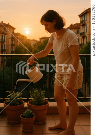A woman watering plants on a balcony at sunset A woman watering plants on a balcony at sunset 130152766