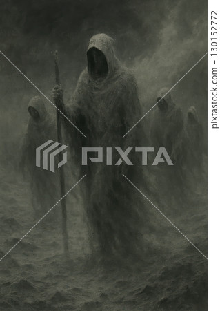Mysterious hooded figures walking through a misty landscape 130152772