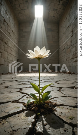 A lonely flower growing in a cracked prison cell. 130152828