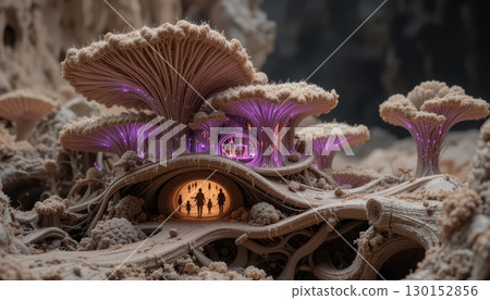 An alien city built with glowing mushroom-like structures. 130152856