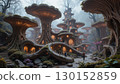 A whimsical city of bioluminescent mushroom-like buildings. 130152859