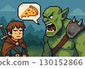 A pixel art orc and knight in an argument over pizza 130152866