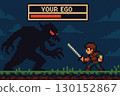 A pixel art hero fighting his ego as a dark monster 130152867