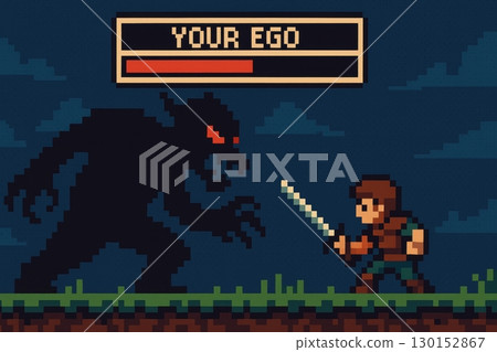 A pixel art hero fighting his ego as a dark monster 130152867