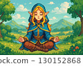 A pixel art elf character meditating in a peaceful meadow 130152868