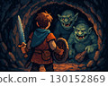 A pixel art hero with a sword facing two goblins 130152869