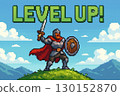 A pixel art knight celebrating leveling up with a sword 130152870