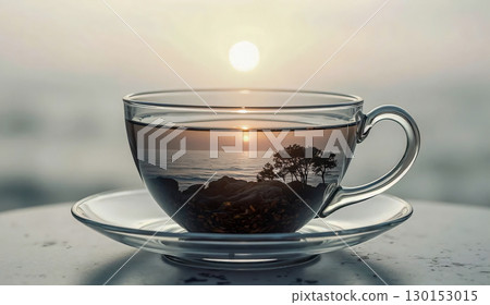 Sunrise reflected in a teacup a moment of serenity. A clear glass cup filled with an optical reconstruction of a seascape. 130153015
