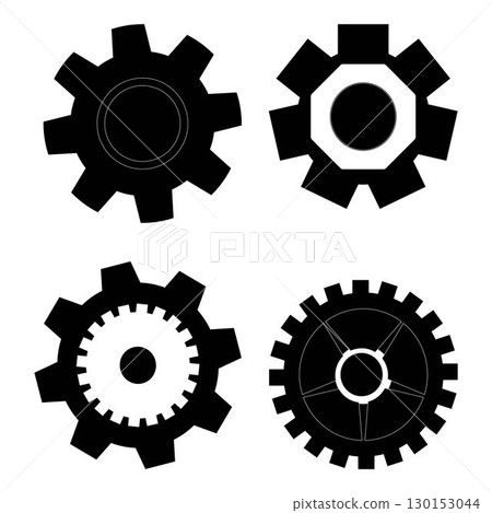 Set of black gear and cogwheel icons in different shapes. Simple vector illustration for mechanical, industrial, engineering, and machinery design concepts. 130153044