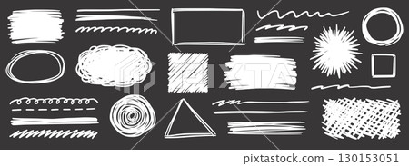 Pencil scribble vector frame set. Hand drawn pencil texture scribble stroke rectangle, circle frame and underline. Grunge sketch marker cloud bubble on blackboard. Vector 130153051