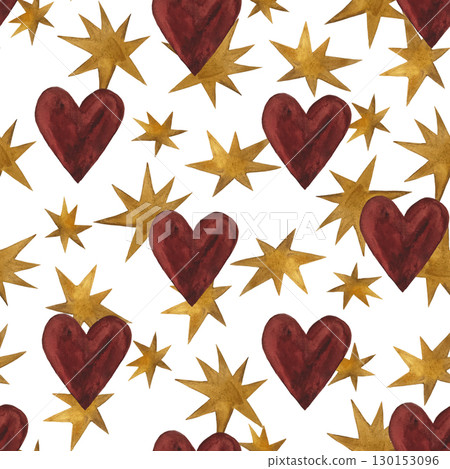 Seamless watercolor pattern of yellow stars and red hearts on a white background. Cheerful and playful, perfect for children's designs, Valentine's Day, and whimsical themes. Hand-painted with a 130153096