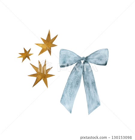 Watercolor illustrated design elements light blue bow and yellow stars, set of watercolor elements, ribbon and stars hand drawn in simple technique Watercolor illustrated design elements light blue bow and yellow stars, set of watercolor elements, ribbon and stars hand drawn in simple technique 130153098