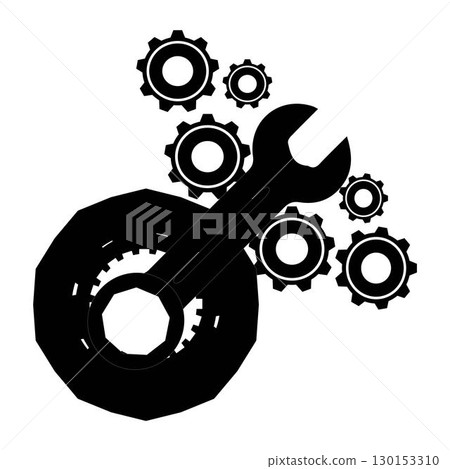 Set of wrench and gear icons in black silhouette style. Vector illustration representing mechanical tools, repair, engineering, industrial design, and machinery concept. 130153310