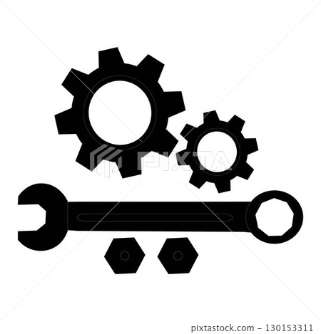 Set of wrench and gear icons in black silhouette style. Vector illustration representing mechanical tools, repair, engineering, industrial design, and machinery concept. 130153311