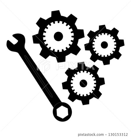 Set of wrench and gear icons in black silhouette style. Vector illustration representing mechanical tools, repair, engineering, industrial design, and machinery concept. 130153312