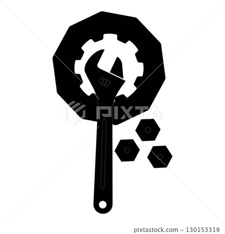 Set of wrench and gear icons in black silhouette style. Vector illustration representing mechanical tools, repair, engineering, industrial design, and machinery concept. 130153319