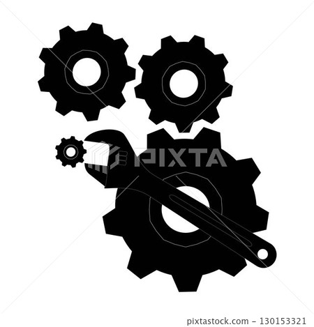 Set of wrench and gear icons in black silhouette style. Vector illustration representing mechanical tools, repair, engineering, industrial design, and machinery concept. 130153321