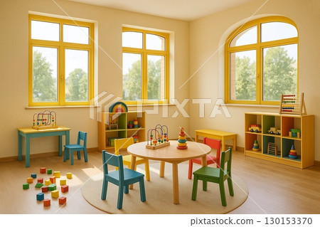 Bright and Airy Kindergarten Classroom Interior with Toys and Furniture Bright and Airy Kindergarten Classroom Interior with Toys and Furniture 130153370