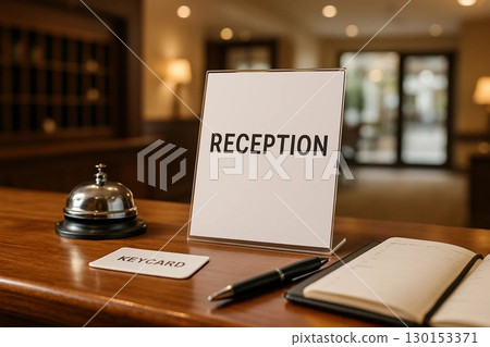 Hotel Reception Desk with Sign, Keycard, and Bell Hotel Reception Desk with Sign, Keycard, and Bell 130153371
