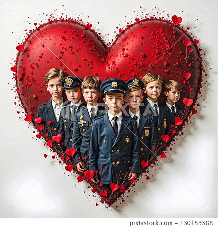 The  red heart features seven boys in military uniform. A large  red heart is decorated with smaller red hearts around the edge, inside of which is a group of boys in uniform. 130153388