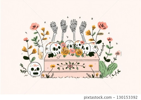 Hands delicately arrange vibrant marigold flowers and colorful sugar skulls on a beautifully ornate altar, honoring the Day of the Dead during the autumn season, surrounded by candles 130153392