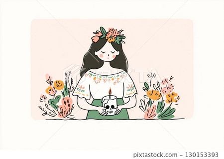 Young Mexican woman wearing an embroidered blouse and floral crown gently holds a decorated sugar skull candle amidst vibrant flowers during a Day of the Dead altar ceremony 130153393